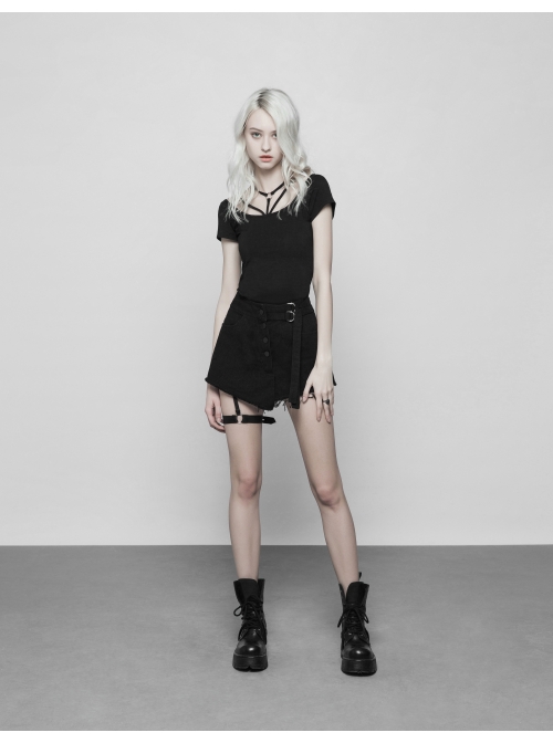 Metal Ring Bandage Big Collar Short Sleeve Black Punk Tight T-Shirt