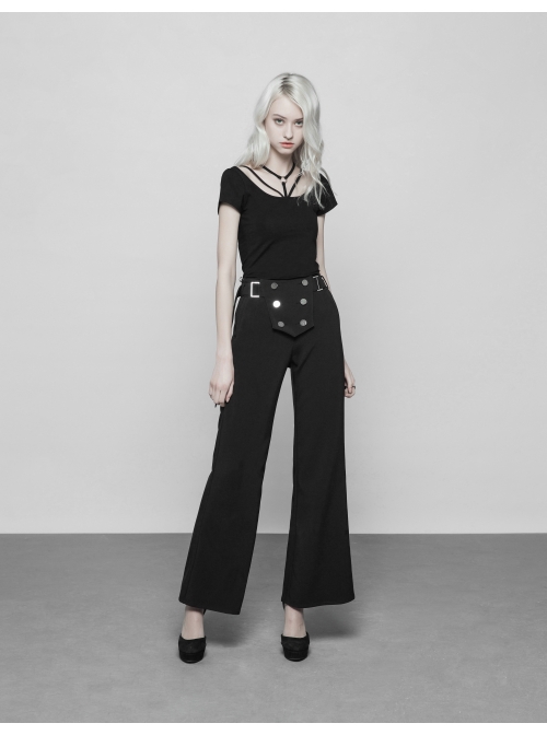 Metal Ring Bandage Big Collar Short Sleeve Black Punk Tight T-Shirt