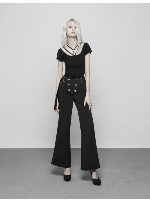 Metal Ring Bandage Big Collar Short Sleeve Black Punk Tight T-Shirt