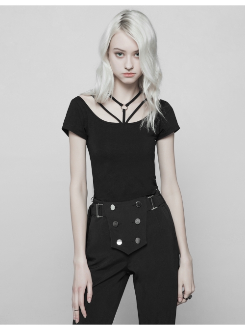 Metal Ring Bandage Big Collar Short Sleeve Black Punk Tight T-Shirt