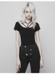 Metal Ring Bandage Big Collar Short Sleeve Black Punk Tight T-Shirt