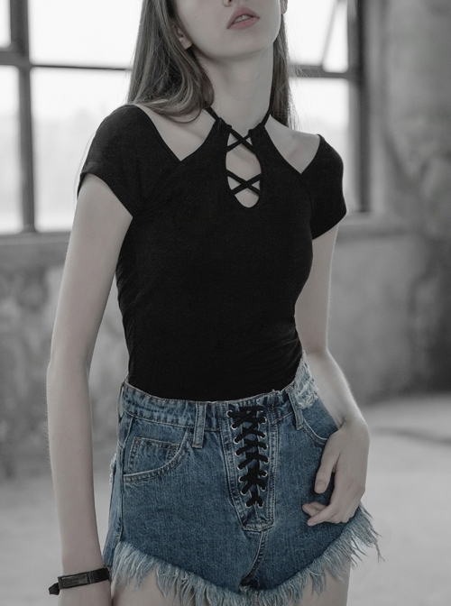 Front Chest Bandage Short Sleeve Black Punk Short Knit Halter T-Shirt