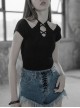 Front Chest Bandage Short Sleeve Black Punk Short Knit Halter T-Shirt