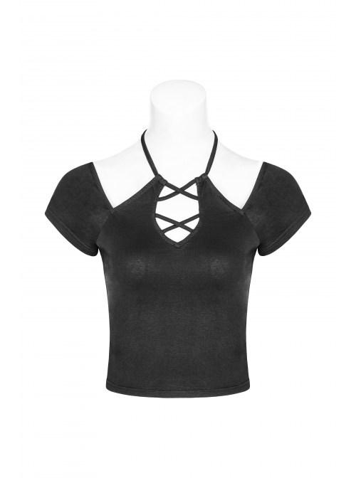 Front Chest Bandage Short Sleeve Black Punk Short Knit Halter T-Shirt