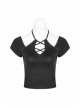 Front Chest Bandage Short Sleeve Black Punk Short Knit Halter T-Shirt