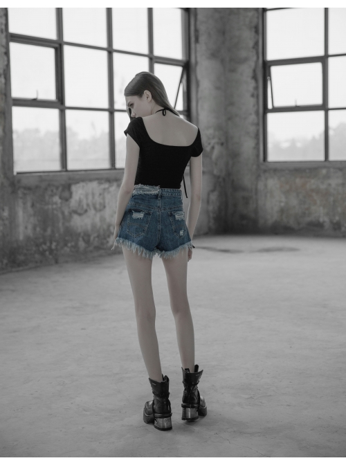 Front Chest Bandage Short Sleeve Black Punk Short Knit Halter T-Shirt