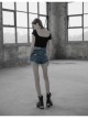 Front Chest Bandage Short Sleeve Black Punk Short Knit Halter T-Shirt