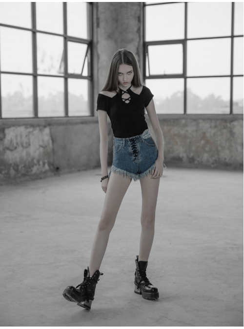 Front Chest Bandage Short Sleeve Black Punk Short Knit Halter T-Shirt