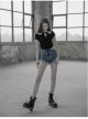 Front Chest Bandage Short Sleeve Black Punk Short Knit Halter T-Shirt