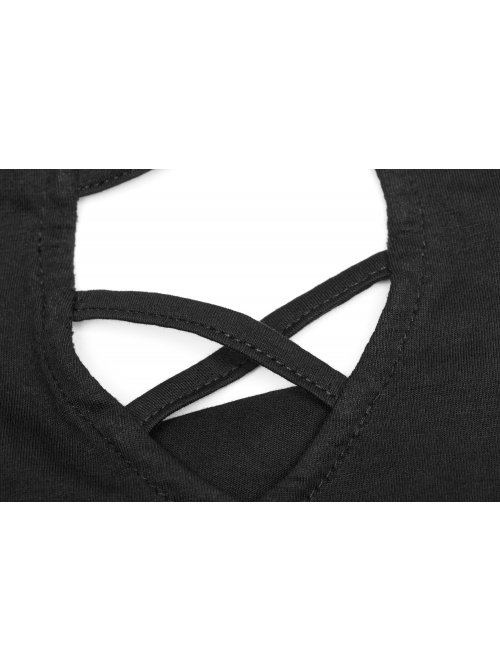 Front Chest Bandage Short Sleeve Black Punk Short Knit Halter T-Shirt