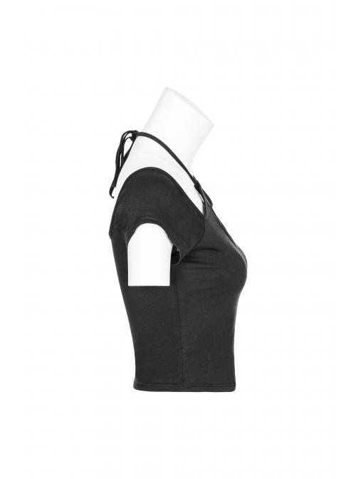 Front Chest Bandage Short Sleeve Black Punk Short Knit Halter T-Shirt