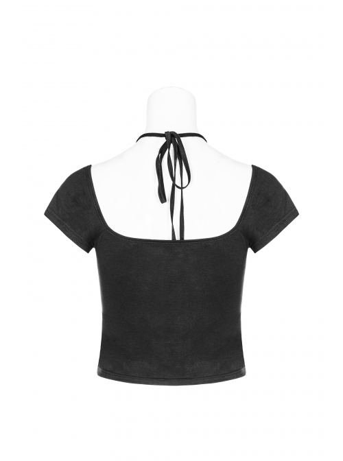 Front Chest Bandage Short Sleeve Black Punk Short Knit Halter T-Shirt
