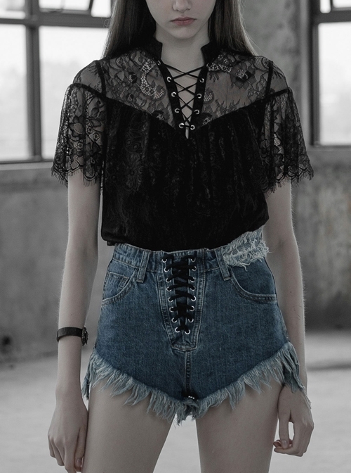 V-Neck Lace-Up Front Chest Flounce Short Sleeve Black Gothic Lace T-Shirt