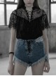 V-Neck Lace-Up Front Chest Flounce Short Sleeve Black Gothic Lace T-Shirt