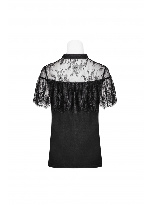 V-Neck Lace-Up Front Chest Flounce Short Sleeve Black Gothic Lace T-Shirt