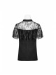 V-Neck Lace-Up Front Chest Flounce Short Sleeve Black Gothic Lace T-Shirt