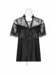 V-Neck Lace-Up Front Chest Flounce Short Sleeve Black Gothic Lace T-Shirt