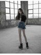V-Neck Lace-Up Front Chest Flounce Short Sleeve Black Gothic Lace T-Shirt