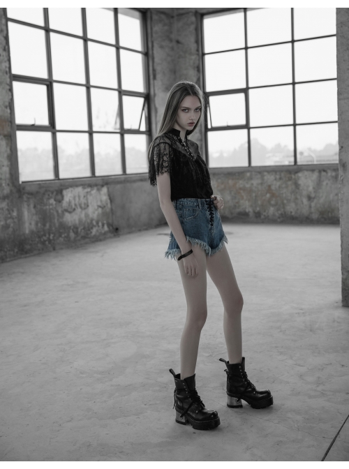 V-Neck Lace-Up Front Chest Flounce Short Sleeve Black Gothic Lace T-Shirt