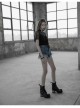 V-Neck Lace-Up Front Chest Flounce Short Sleeve Black Gothic Lace T-Shirt