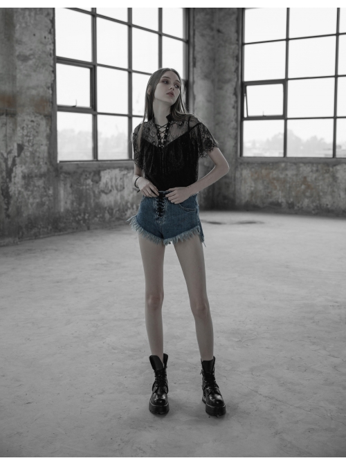 V-Neck Lace-Up Front Chest Flounce Short Sleeve Black Gothic Lace T-Shirt