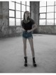 V-Neck Lace-Up Front Chest Flounce Short Sleeve Black Gothic Lace T-Shirt