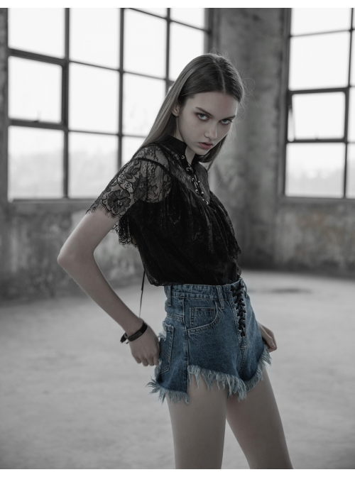 V-Neck Lace-Up Front Chest Flounce Short Sleeve Black Gothic Lace T-Shirt