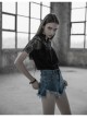 V-Neck Lace-Up Front Chest Flounce Short Sleeve Black Gothic Lace T-Shirt