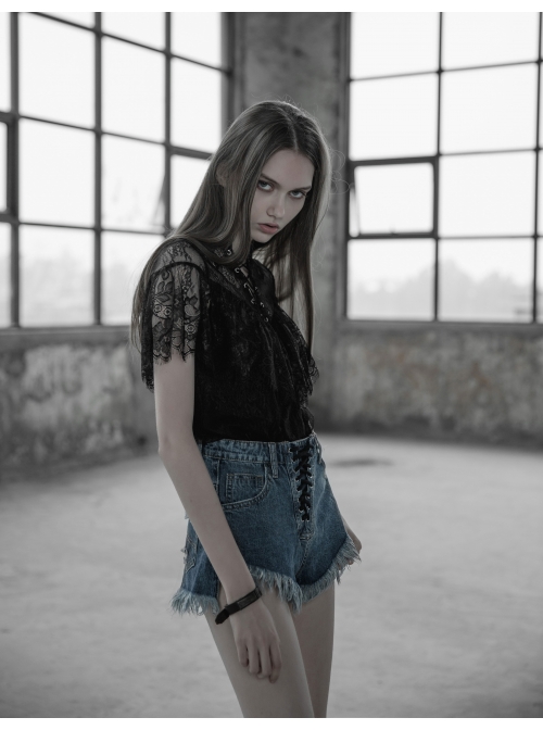 V-Neck Lace-Up Front Chest Flounce Short Sleeve Black Gothic Lace T-Shirt