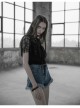 V-Neck Lace-Up Front Chest Flounce Short Sleeve Black Gothic Lace T-Shirt
