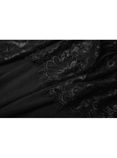 V-Neck Lace-Up Front Chest Flounce Short Sleeve Black Gothic Lace T-Shirt