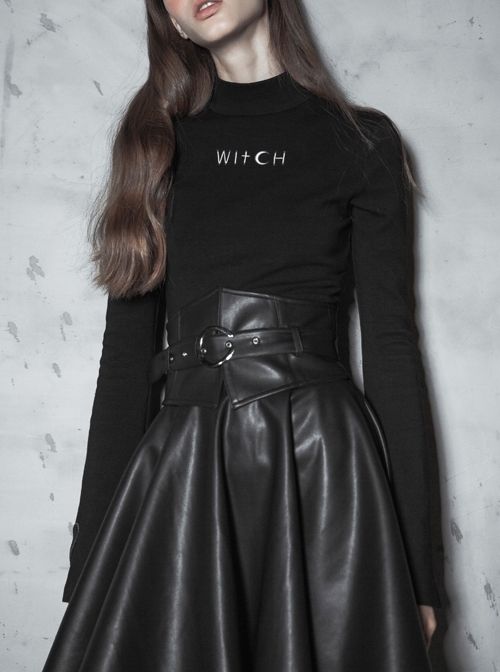 Metal Buckle Collar Front Chest Hollow-Out Long Sleeve Black Punk Tight T-Shirt