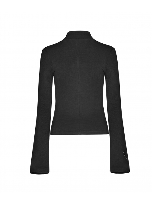 Metal Buckle Collar Front Chest Hollow-Out Long Sleeve Black Punk Tight T-Shirt