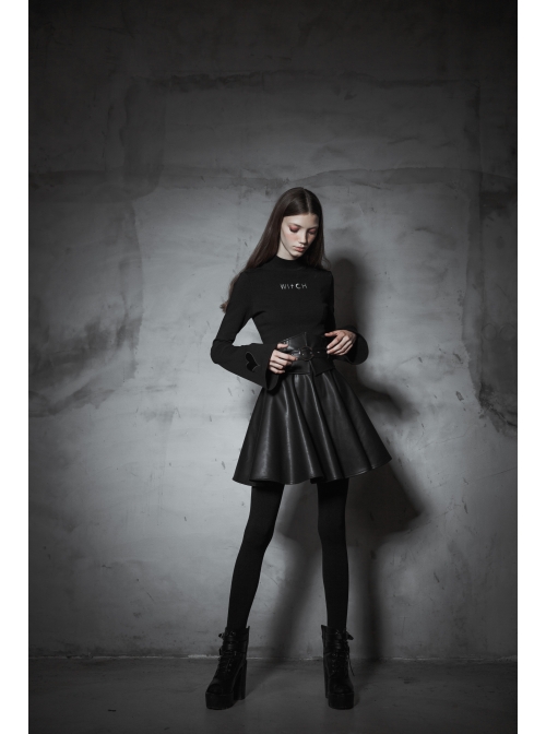 Metal Buckle Collar Front Chest Hollow-Out Long Sleeve Black Punk Tight T-Shirt