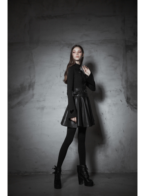 Metal Buckle Collar Front Chest Hollow-Out Long Sleeve Black Punk Tight T-Shirt