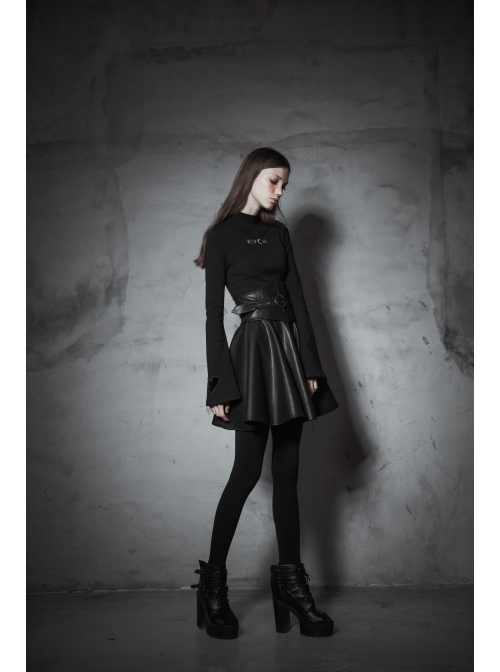 Metal Buckle Collar Front Chest Hollow-Out Long Sleeve Black Punk Tight T-Shirt