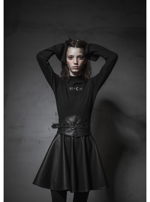 Metal Buckle Collar Front Chest Hollow-Out Long Sleeve Black Punk Tight T-Shirt