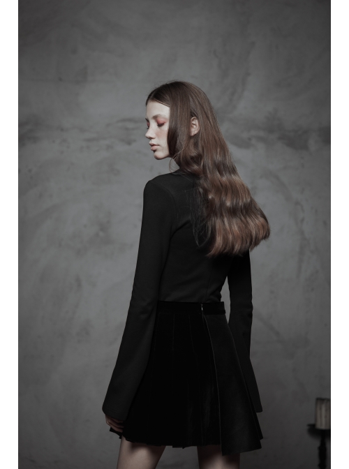 Metal Buckle Collar Front Chest Hollow-Out Long Sleeve Black Punk Tight T-Shirt
