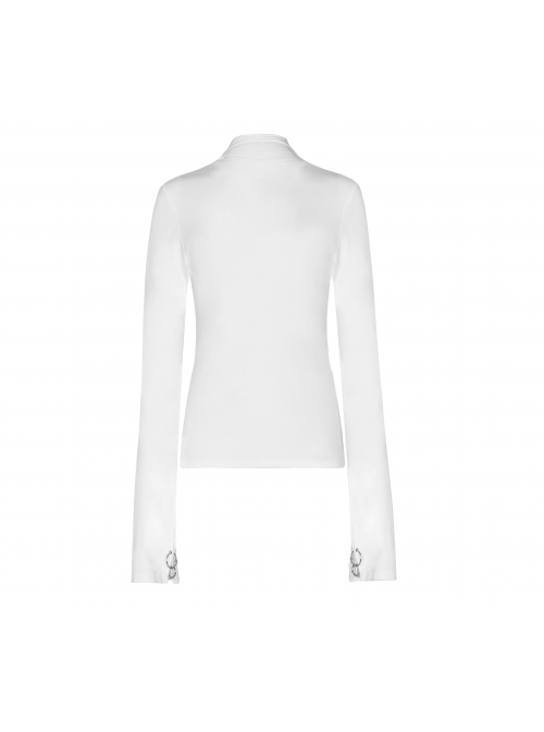 High Collar Long Sleeve Metal Ring Decoration Cuff Glial Print White Punk Tight Knitted T-Shirt