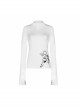 High Collar Long Sleeve Metal Ring Decoration Cuff Glial Print White Punk Tight Knitted T-Shirt