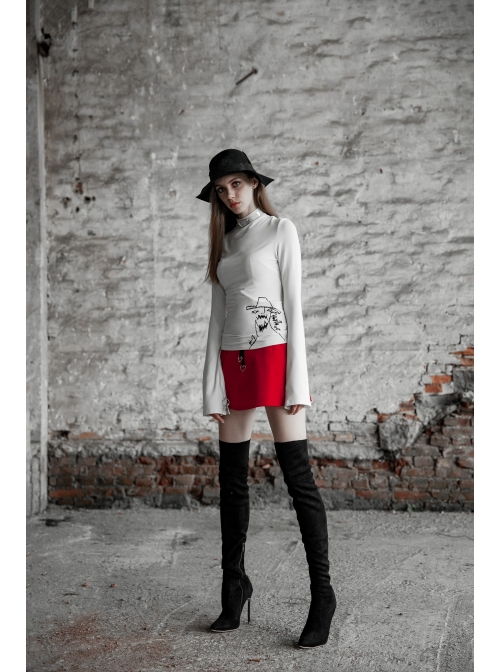 High Collar Long Sleeve Metal Ring Decoration Cuff Glial Print White Punk Tight Knitted T-Shirt