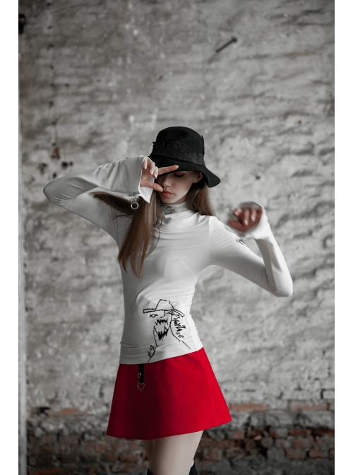 High Collar Long Sleeve Metal Ring Decoration Cuff Glial Print White Punk Tight Knitted T-Shirt