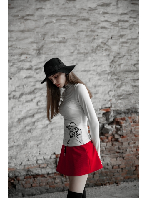 High Collar Long Sleeve Metal Ring Decoration Cuff Glial Print White Punk Tight Knitted T-Shirt