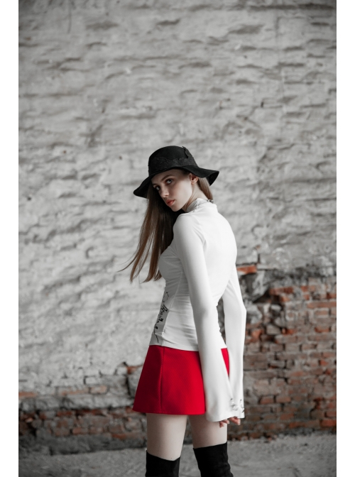 High Collar Long Sleeve Metal Ring Decoration Cuff Glial Print White Punk Tight Knitted T-Shirt