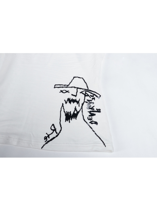 High Collar Long Sleeve Metal Ring Decoration Cuff Glial Print White Punk Tight Knitted T-Shirt