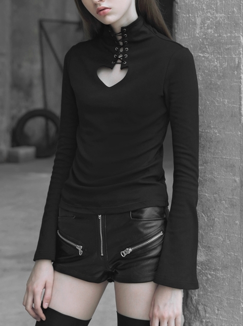 Lace-Up Collar Front Chest Hollow-Out Flare Sleeve Black Punk Tight T-Shirt