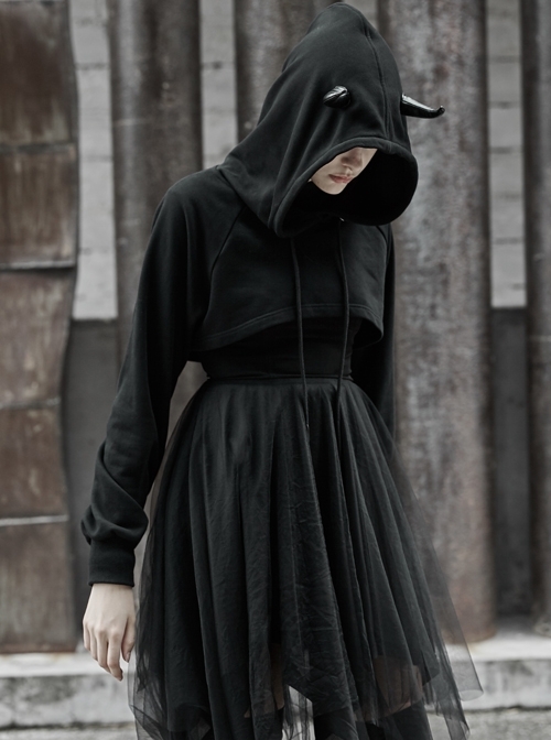 Lace-Up Collar Raglan Sleeve Cortical Demon Horn Decoration Black Punk Hooded Short T-Shirt