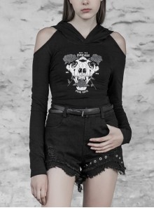 Front Chest Skull Print Long Sleeve Back Metal Rings Decoration Black Punk Hooded T-Shirt