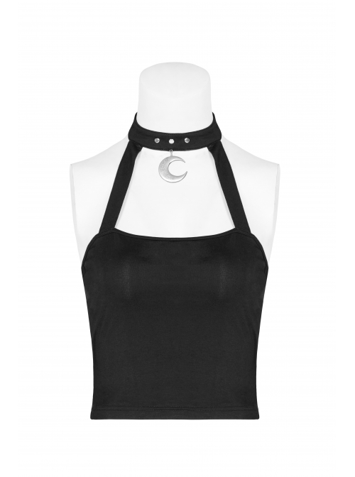 Metal Moon Pendant Black Punk Knit Halter Vest