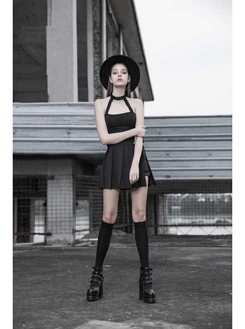 Metal Moon Pendant Black Punk Knit Halter Vest